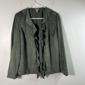 Chicos Faux Suede Velvet Ruffle Front Open Jacket Olive Green  M